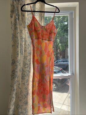 Sunny Floral Slip Midi Dress in Coral, Yellow & Pink by Rnwy